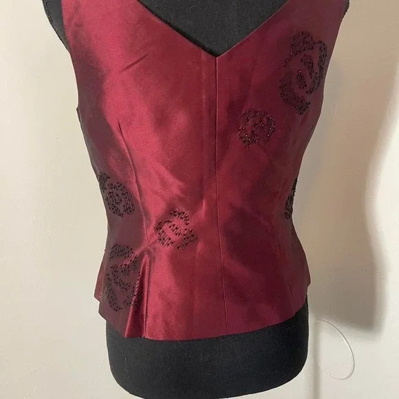 burgundy 100% silk top with beaded floral design - Picture 6 of 6
